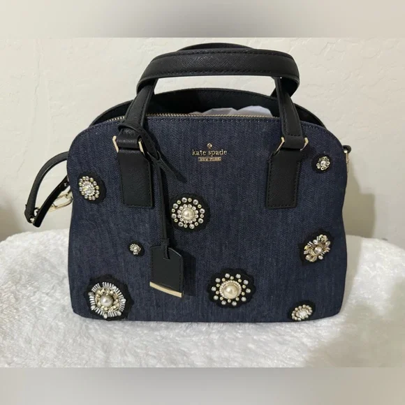 Kate Spade NWOT Embellished Cameron Street Lottie Denim Blue Pearls Orig $348 - Picture 3 of 14